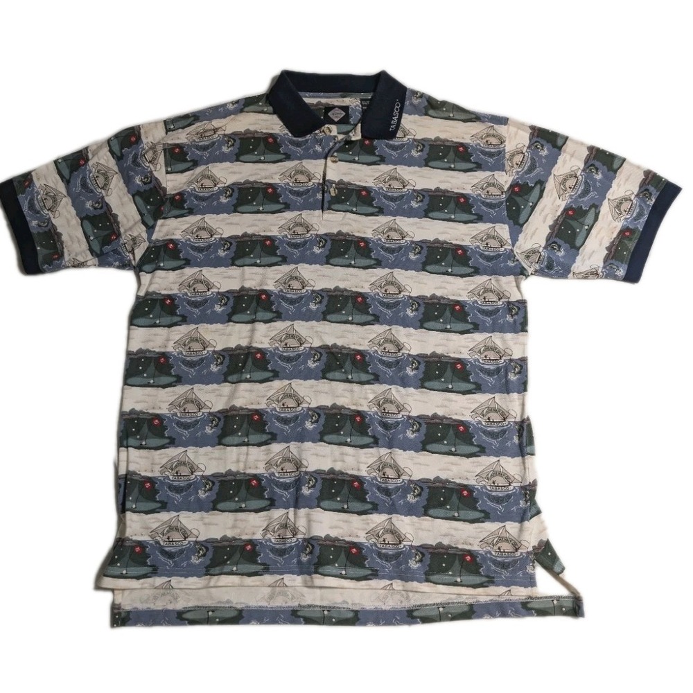 Vintage Tabasco Polo Shirt Mens Large All Over‎ Print Fishing Golf 90s Novelty